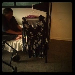 Black w/White Floral Print Deep V-Neck Mini Dress